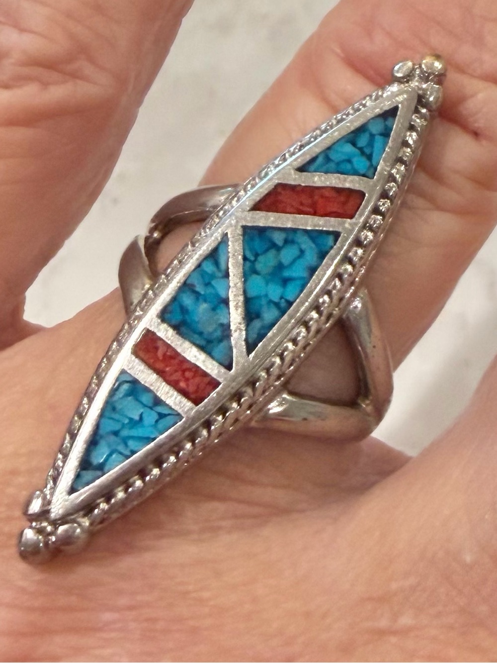 Vintage Southwestern Sterling Silver Turquoise Coral Chip Inlay Marquise Ring 6
